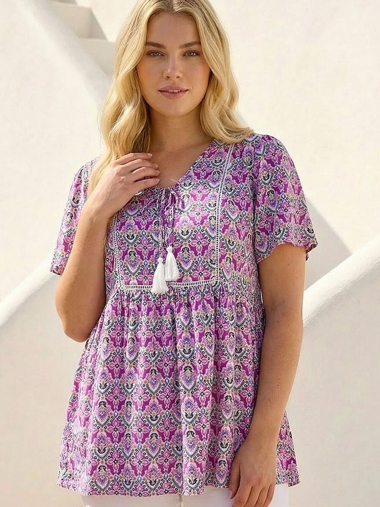 Roman Purple Curve Tie Front Boho Printed Top - Image 2 of 4