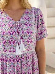 Roman Purple Curve Tie Front Boho Printed Top - Image 4 of 4