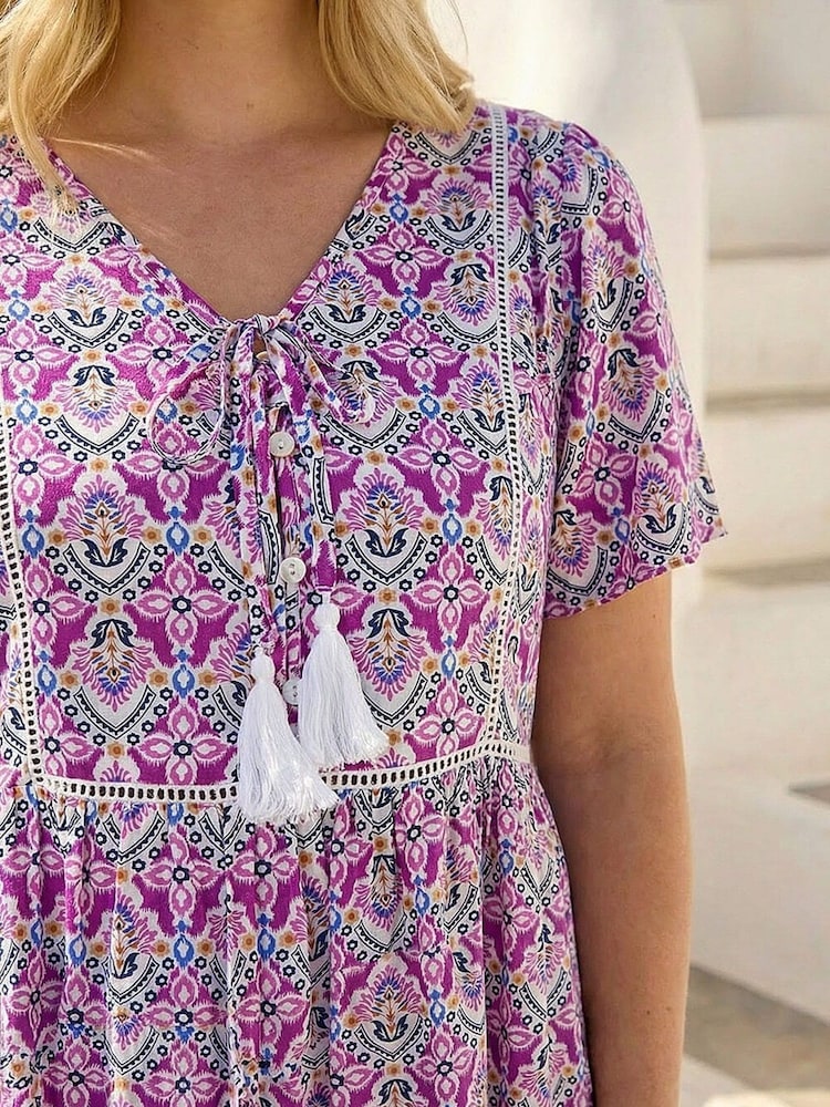 Roman Purple Curve Tie Front Boho Printed Top - Image 4 of 4
