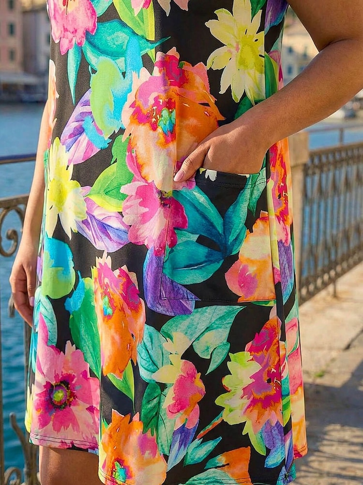 Roman Green Curve Leaf Print Pocket Dress - Image 4 of 4