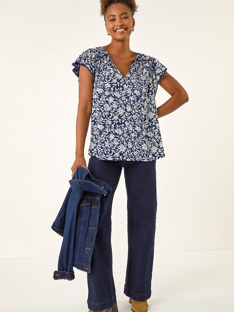 Roman Blue Floral Print Frill Sleeve Tie Top - Image 2 of 5