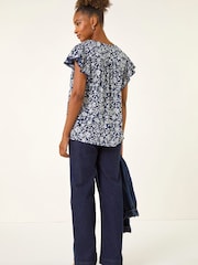 Roman Blue Floral Print Frill Sleeve Tie Top - Image 3 of 5