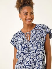 Roman Blue Floral Print Frill Sleeve Tie Top - Image 4 of 5