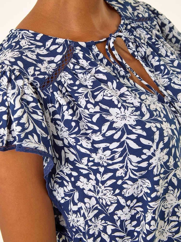 Roman Blue Floral Print Frill Sleeve Tie Top - Image 5 of 5