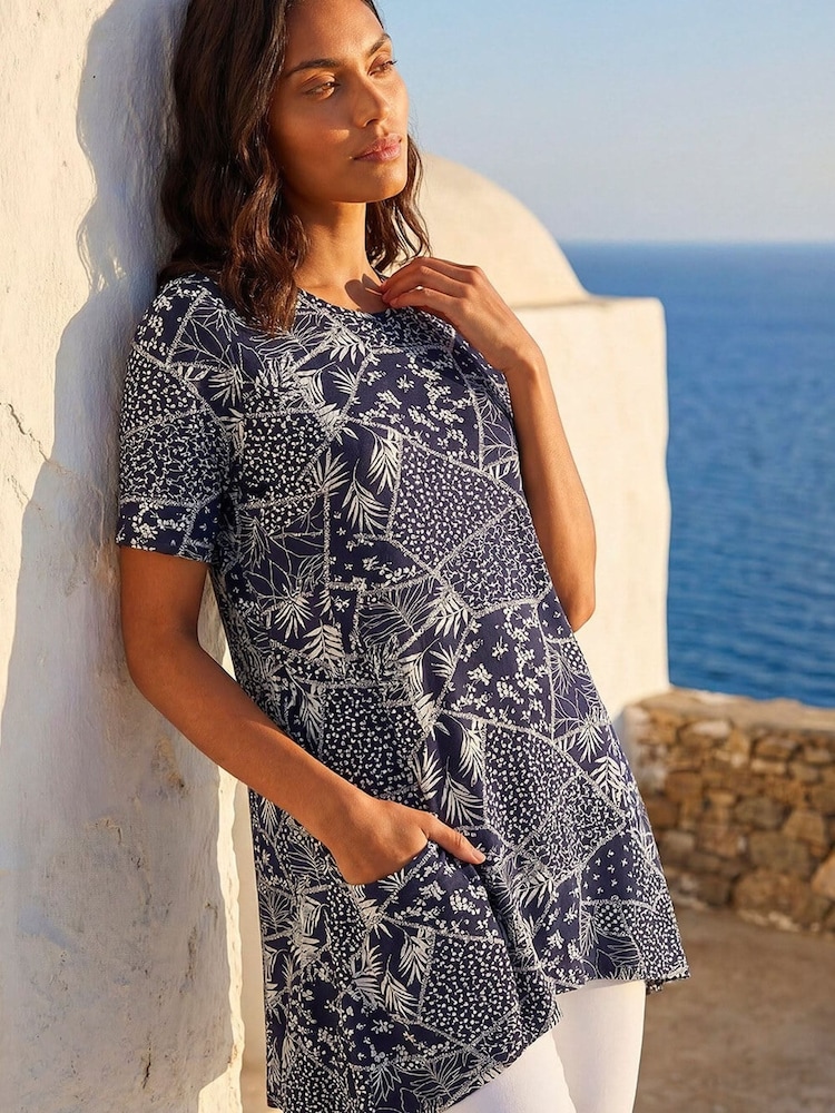 Roman Blue Patchwork Mono Print Tunic Top - Image 1 of 4 Roman Blue Patchwork Mono Print Tunic Top - Image 1 of 4