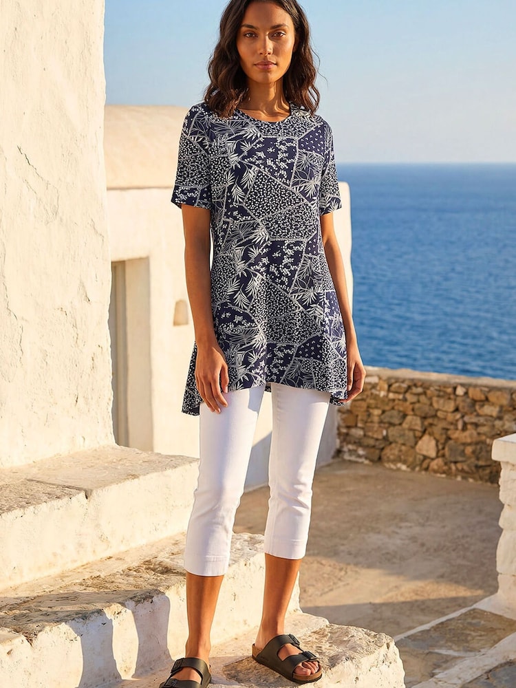 Roman Blue Patchwork Mono Print Tunic Top - Image 2 of 4 Roman Blue Patchwork Mono Print Tunic Top - Image 2 of 4