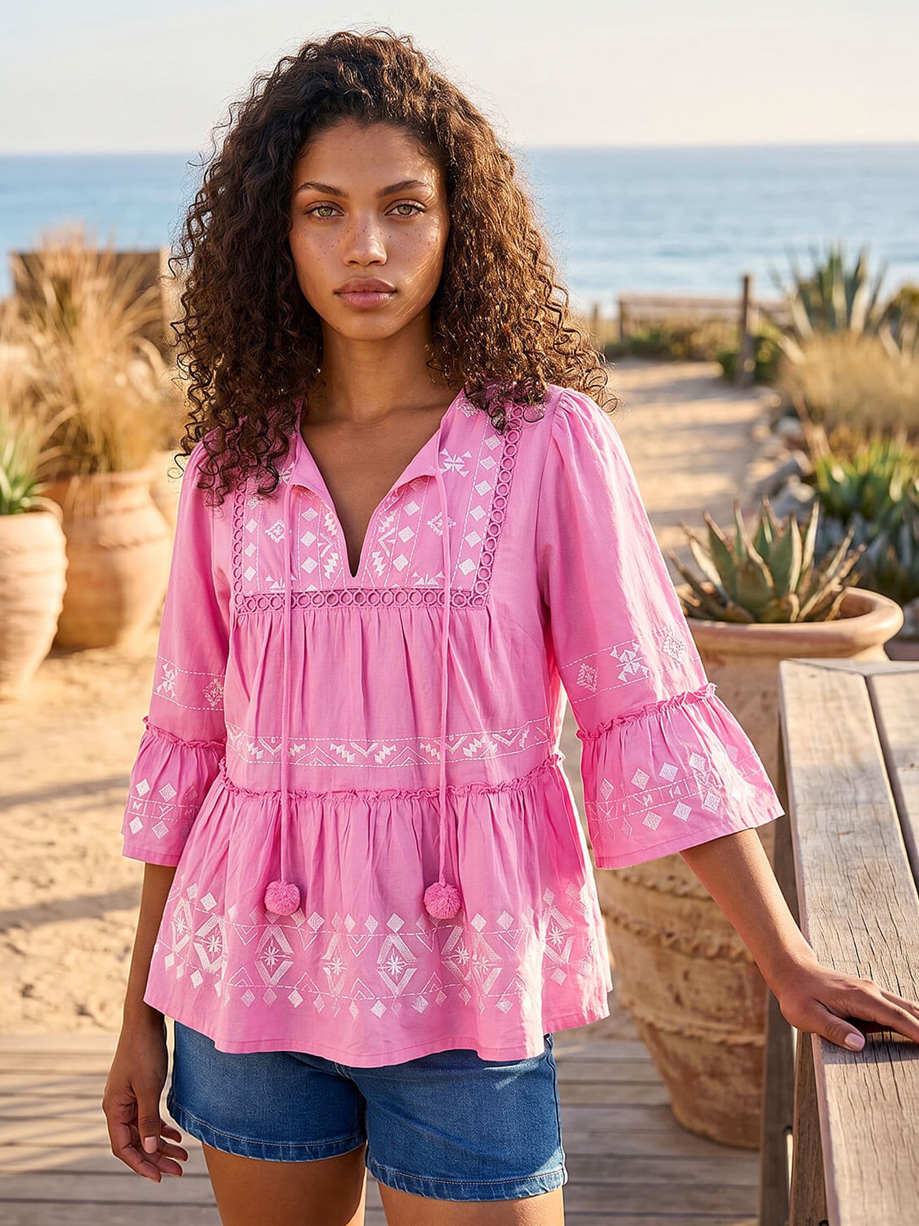 Roman Women's Pink Petite Contrast Print Pom Pom Top