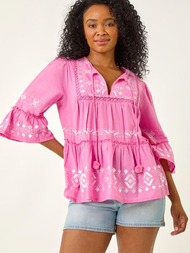 Roman Pink Petite Contrast Print Pom Pom Top - Image 1 of 5
