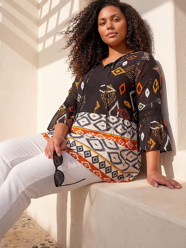 Roman Orange Curve Ikat Print Woven Top - Image 1 of 4