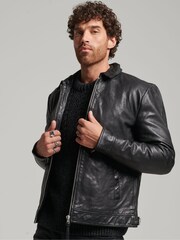 Superdry Black Indie Coach Leather Jacket - Image 1 of 3