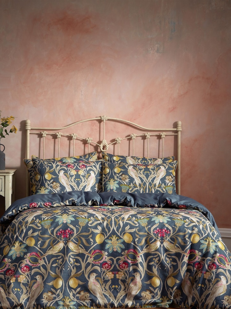 EW by Edinburgh Weavers Blue Songbird Symmetrical Motif Luxury 100% Cotton Slub Cord Duvet Cover And Pillowcase Set - Image 1 of 4