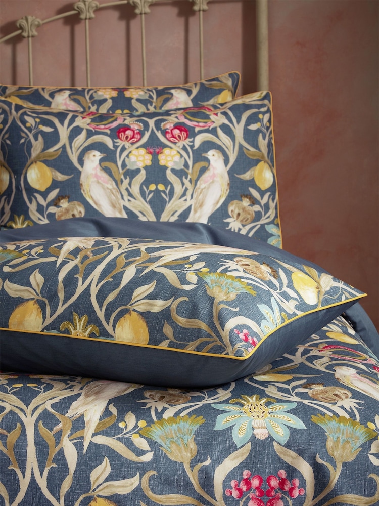 EW by Edinburgh Weavers Blue Songbird Symmetrical Motif Luxury 100% Cotton Slub Cord Reversible Duvet Cover And Pillowcase Set - Image 3 of 3 EW by Edinburgh Weavers Blue Songbird Symmetrical Motif Luxury 100% Cotton Slub Cord Reversible Duvet Cover And Pillowcase Set - Image 3 of 3