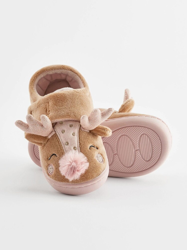 Tan Brown Christmas Reindeer Cupsole Slippers - Image 3 of 6