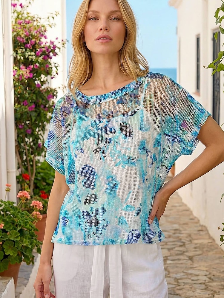 Roman Blue Floral Mesh Overlay Top - Image 1 of 4 Roman Blue Floral Mesh Overlay Top - Image 1 of 4
