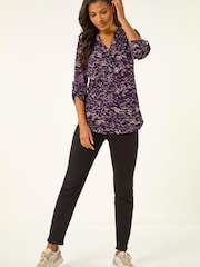Roman Purple Abstract Print V-Neck Stretch Shirt - Image 2 of 5