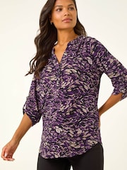 Roman Purple Abstract Print V-Neck Stretch Shirt - Image 3 of 5