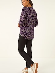 Roman Purple Abstract Print V-Neck Stretch Shirt - Image 4 of 5