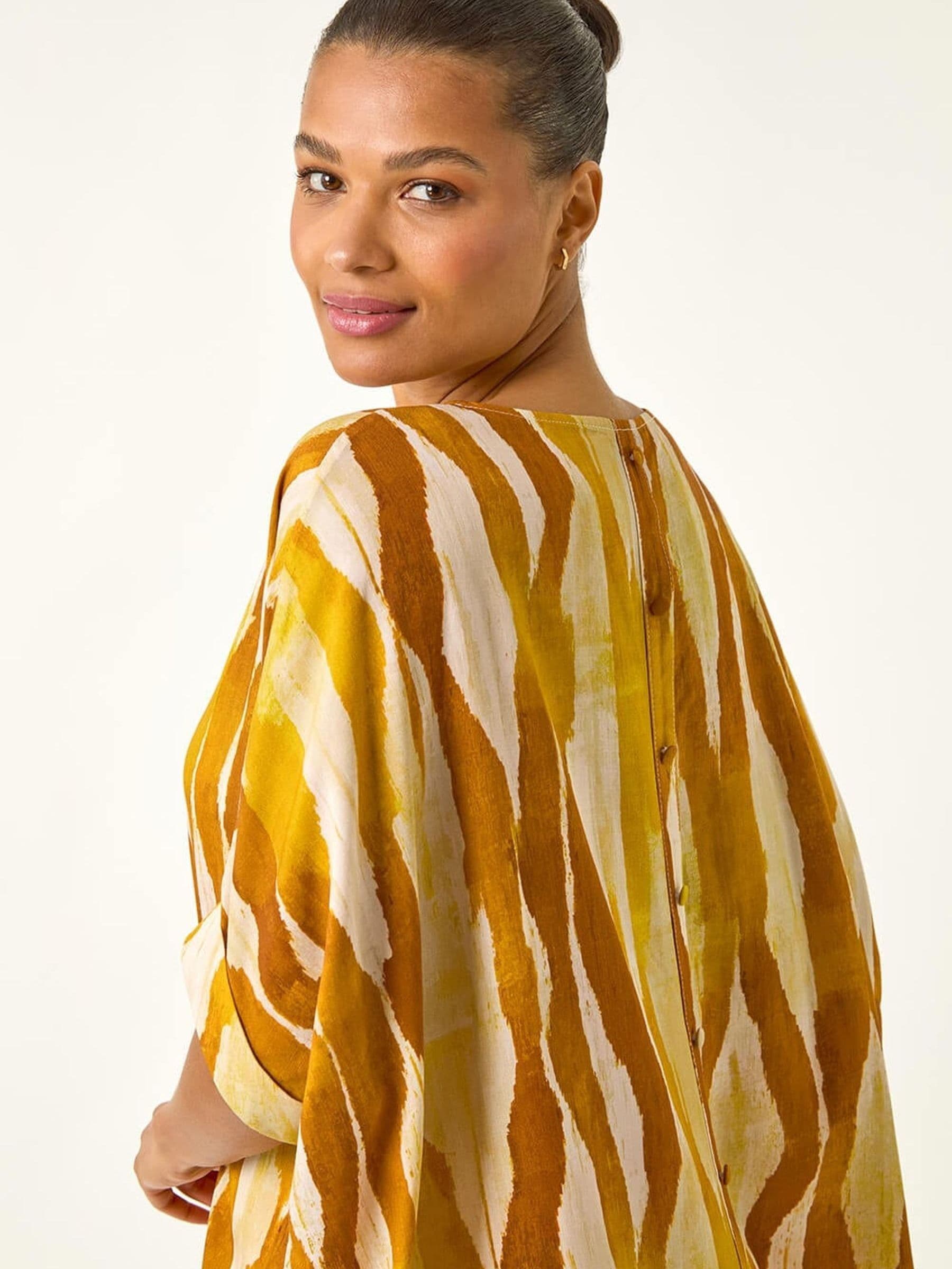 Roman Women's Orange Abstract Buttoned Top
