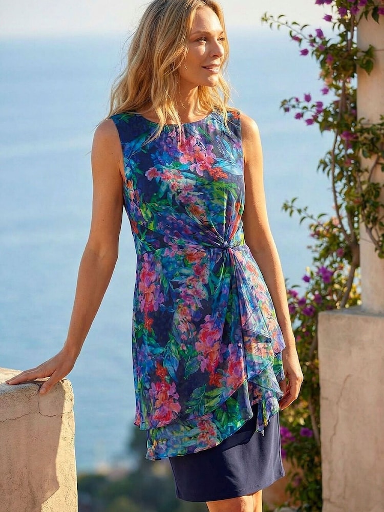 Roman Blue Petite Tropical Asymmetric Frill Dress - Image 2 of 4