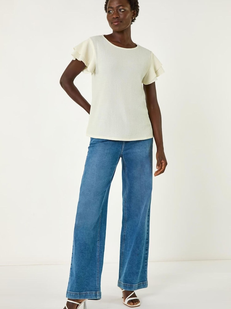Roman White Textured Frill Sleeve T-Shirt - Image 5 of 5
