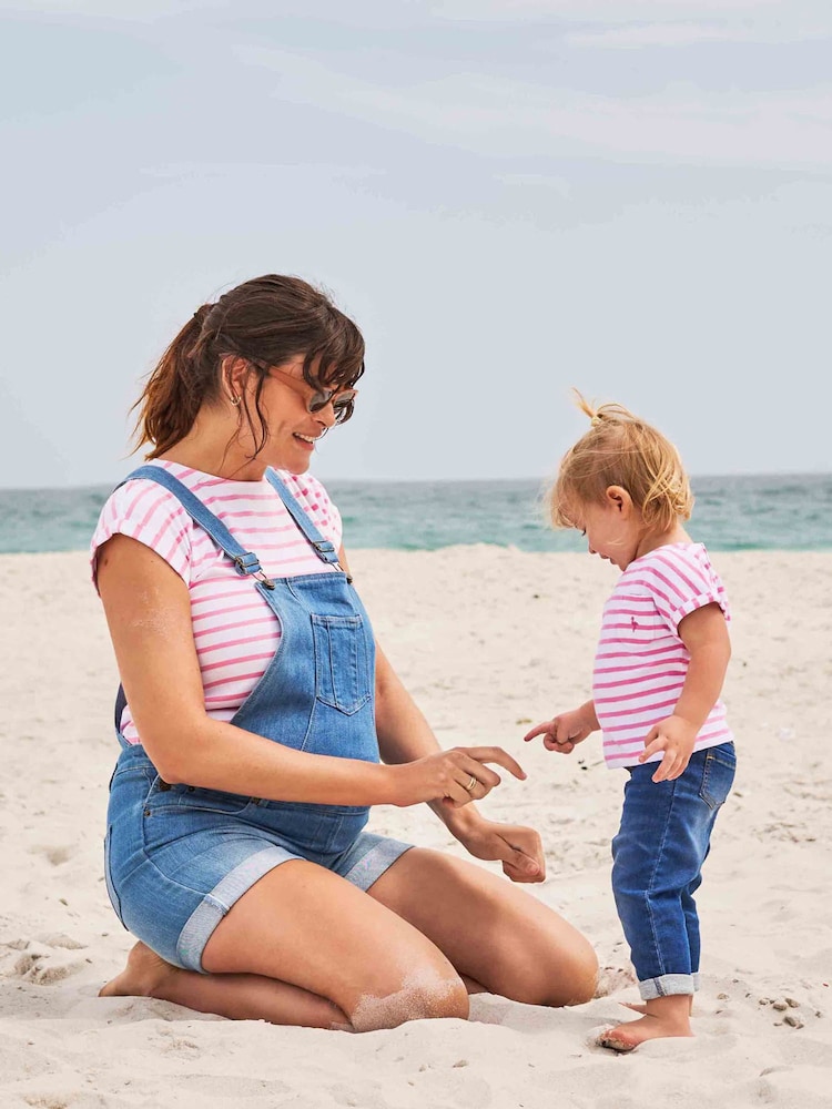 JoJo Maman Bébé Pink Girls' Breton Stripe Drop Shoulder T-Shirt - Image 1 of 3