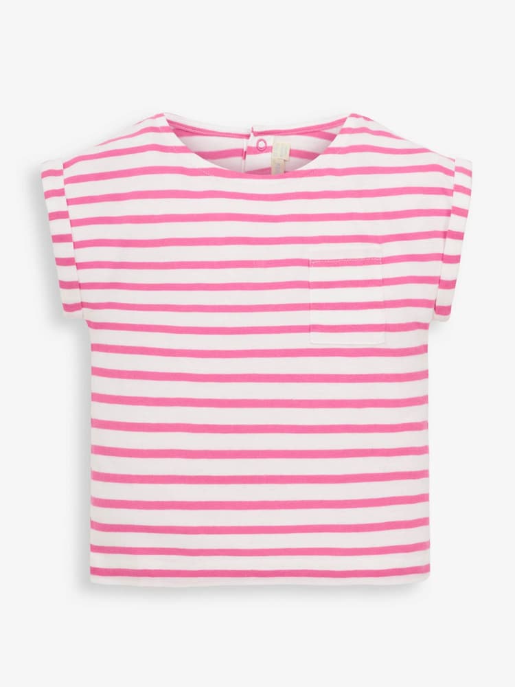 JoJo Maman Bébé Pink Girls' Breton Stripe Drop Shoulder T-Shirt - Image 2 of 3