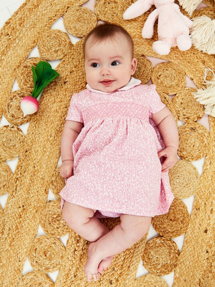JoJo Maman Bébé Pink Ditsy Floral Smocked Jersey Dress - Image 1 of 5
