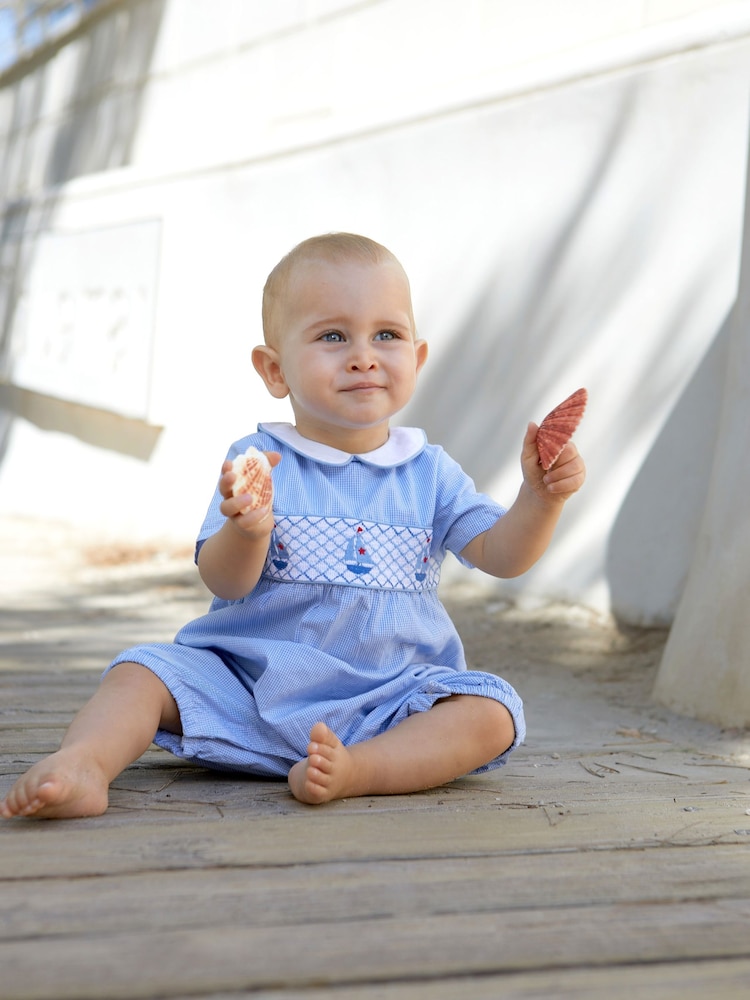 JoJo Maman Bébé Blue Nautical Smock Romper - Image 1 of 3 JoJo Maman Bébé Blue Nautical Smock Romper - Image 1 of 3
