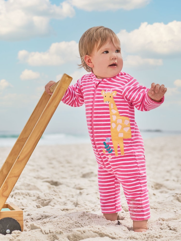 JoJo Maman Bébé Pink Giraffe Towelling All-In-One - Image 1 of 2