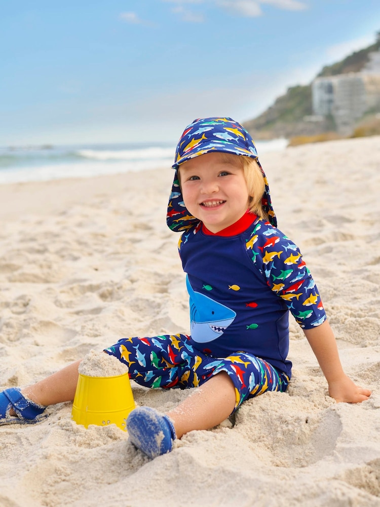 JoJo Maman Bébé Navy Blue Shark UPF 50 2-Piece Sun Protection Suit - Image 1 of 10