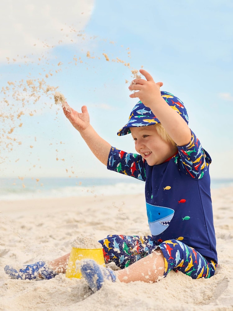JoJo Maman Bébé Navy Blue Shark UPF 50 2-Piece Sun Protection Suit - Image 2 of 10