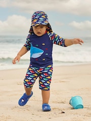 JoJo Maman Bébé Navy Blue Shark UPF 50 2-Piece Sun Protection Suit - Image 6 of 10