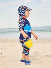 JoJo Maman Bébé Navy Blue Shark UPF 50 2-Piece Sun Protection Suit - Image 7 of 10