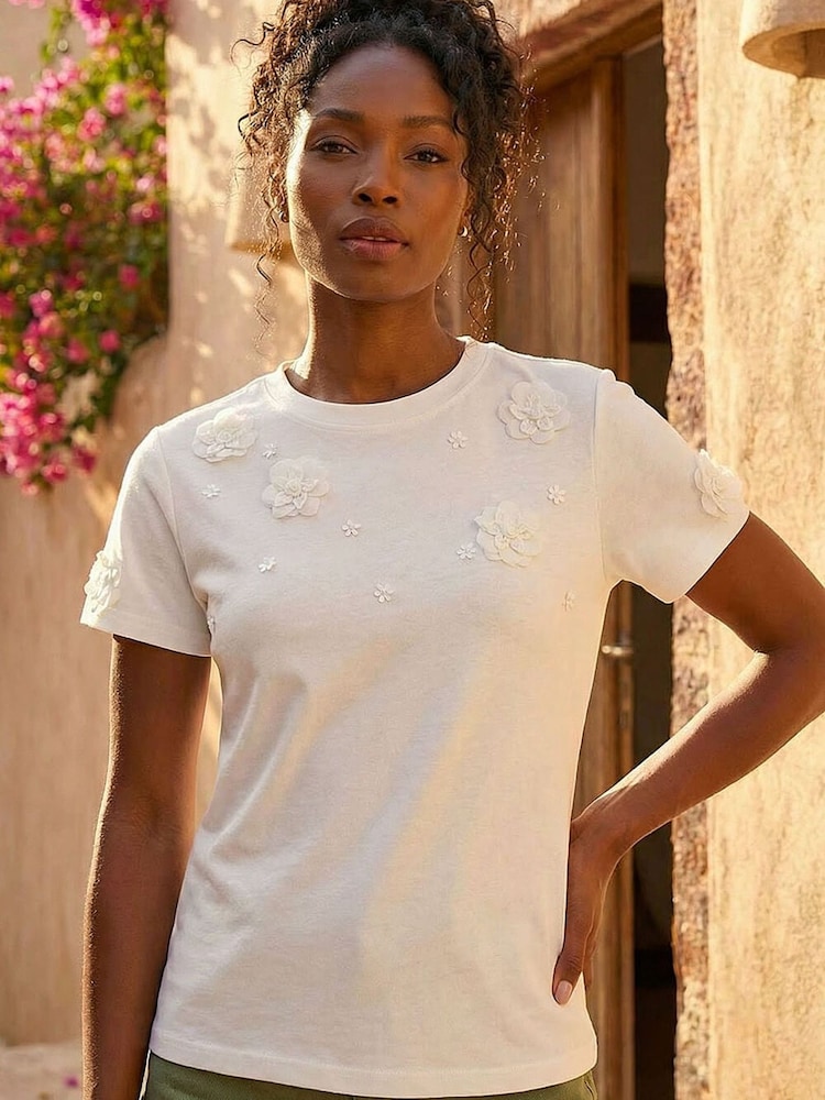 Roman White Floral Applique T-Shirt - Image 1 of 4