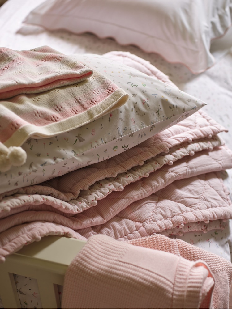 The White Company Pink Reversible Floral Pom Pom 100% Cotton Quilt - Image 3 of 4