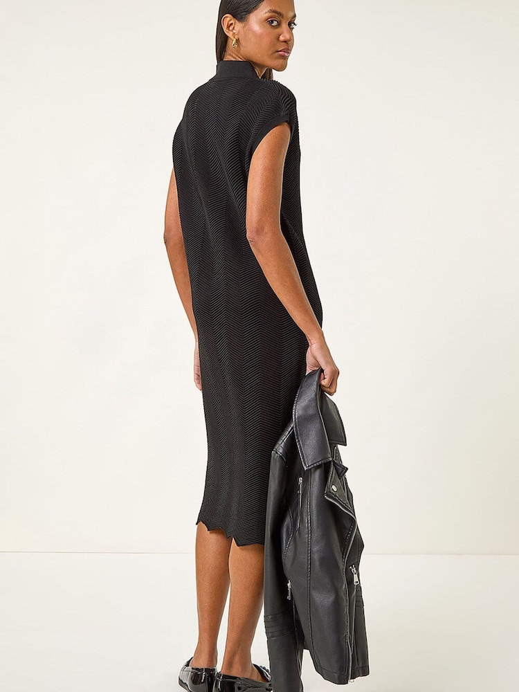 Roman Black Textured Zig Zag Knit Midi Dress - Image 2 of 5 Roman Black Textured Zig Zag Knit Midi Dress - Image 2 of 5
