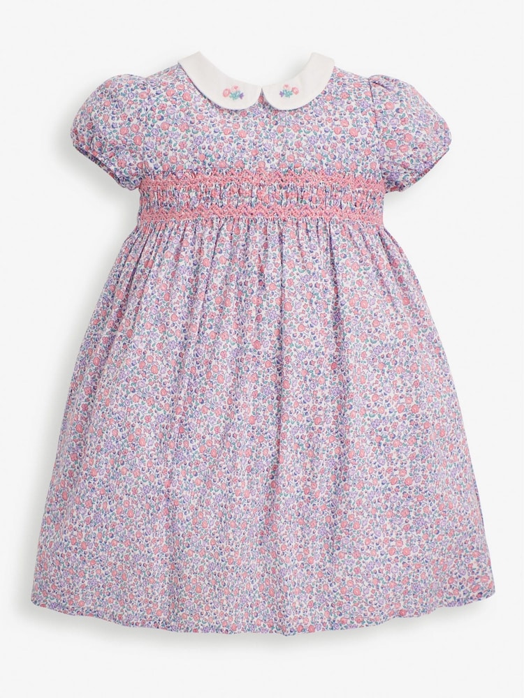 JoJo Maman Bébé Pink Pastel Ditsy Floral Smocked Baby Jersey Dress with Knickers - Image 1 of 4