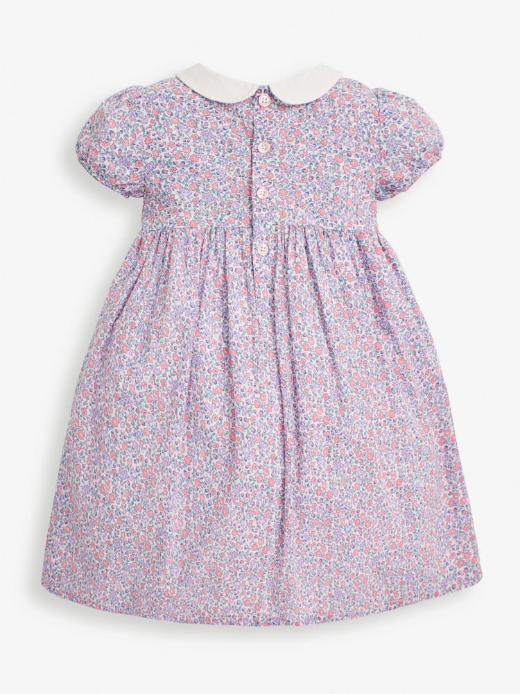 JoJo Maman Bébé Pink Pastel Ditsy Floral Smocked Baby Jersey Dress with Knickers - Image 2 of 4
