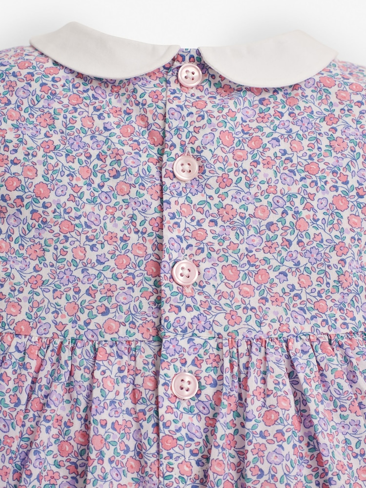 JoJo Maman Bébé Pink Pastel Ditsy Floral Smocked Baby Jersey Dress with Knickers - Image 4 of 4