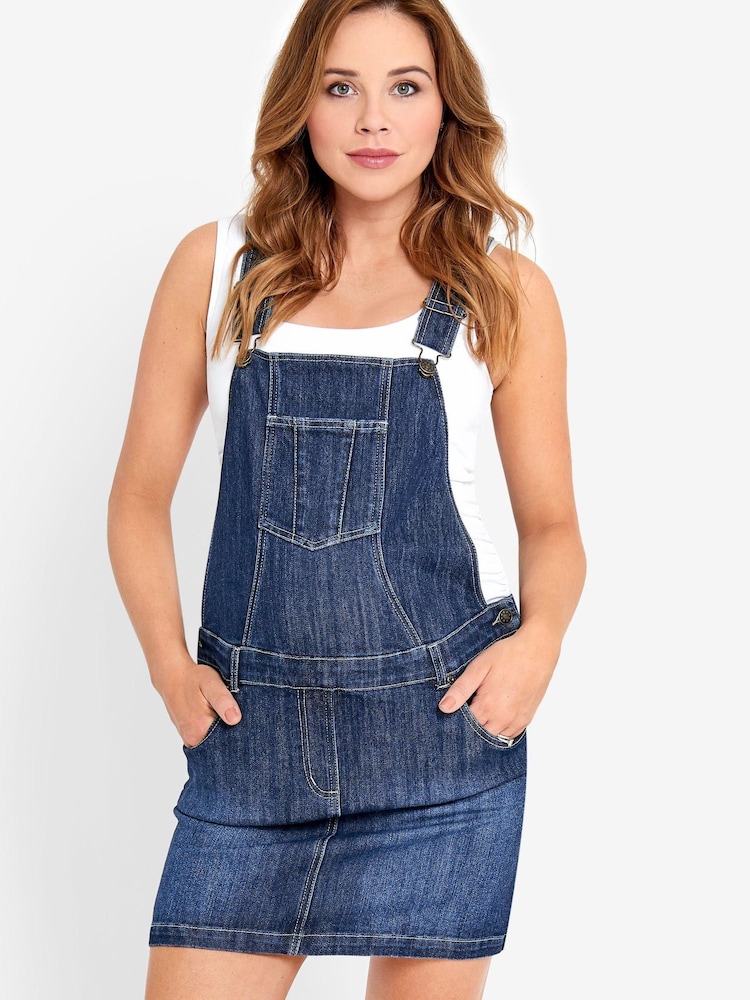 JoJo Maman Bébé Maternity Blue Mid Wash Denim Dungaree Dress - Image 1 of 3