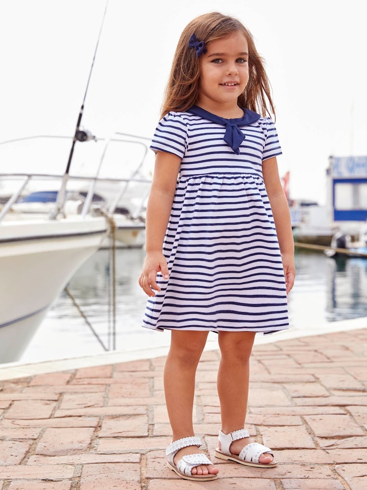 JoJo Maman Bébé White Navy Stripe Short Sleeve Sailor Jersey Dress - Image 1 of 4