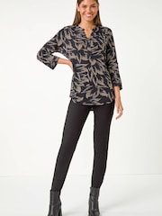 Roman Brown Textured Abstract Print V-Neck Stretch Shirt - Image 2 of 5