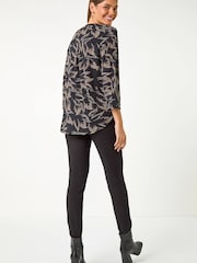Roman Brown Textured Abstract Print V-Neck Stretch Shirt - Image 3 of 5