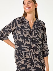 Roman Brown Textured Abstract Print V-Neck Stretch Shirt - Image 4 of 5