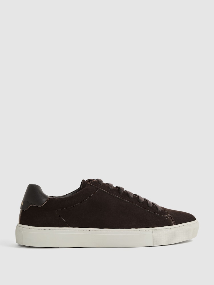 Reiss Chocolate Finley Suede Suede Trainers - Image 1 of 5