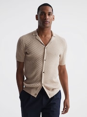 Reiss Oatmeal Melange Grande Cable Knit Cuban Collar Button Through Shirt - Image 1 of 6