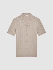 Reiss Oatmeal Melange Grande Cable Knit Cuban Collar Button Through Shirt - Image 2 of 6