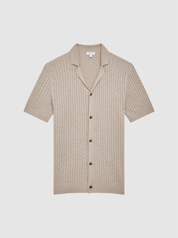 Reiss Oatmeal Melange Grande Cable Knit Cuban Collar Button Through Shirt - Image 2 of 6