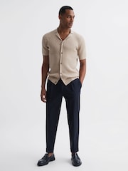 Reiss Oatmeal Melange Grande Cable Knit Cuban Collar Button Through Shirt - Image 3 of 6