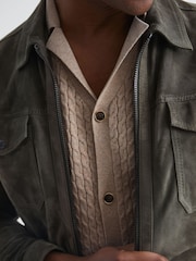 Reiss Oatmeal Melange Grande Cable Knit Cuban Collar Button Through Shirt - Image 4 of 6